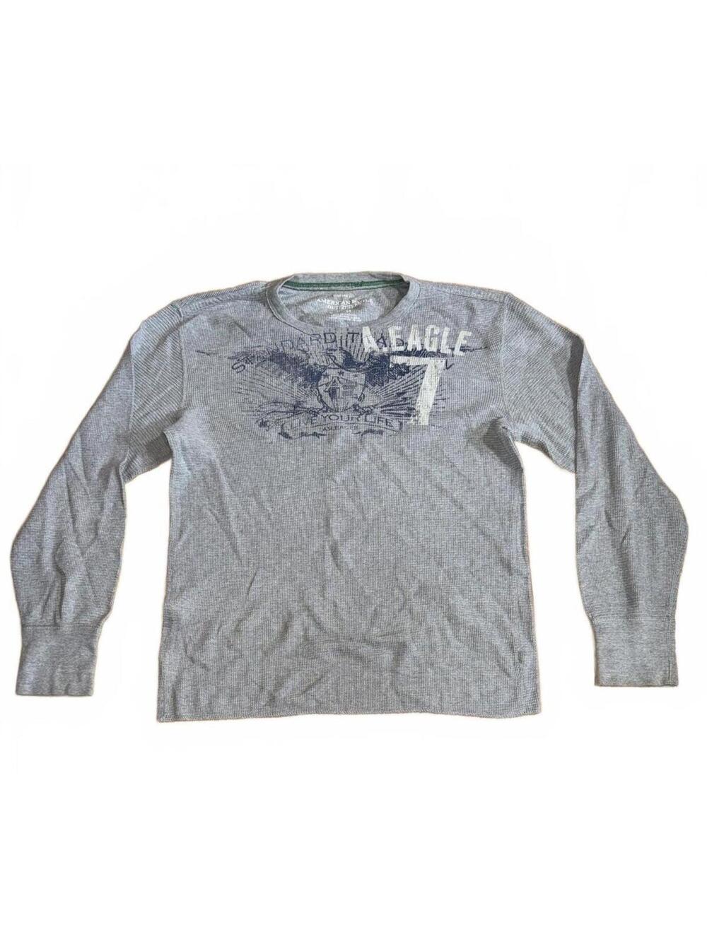 Y2K American Eagle Grey Long Sleeve Graphic T-Shirt Medium